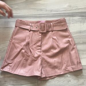 miami Pink High-Waist Faux Leather Belted Shorts